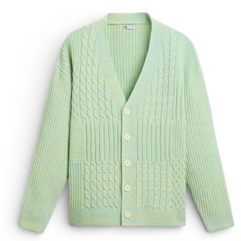 NWT ZARA Woven Cable Knit Sweater Cardigan in Blue/Green - Size L - Picture 2 of 12